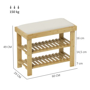 HOMCOM Schuhbank aus Bambus mit cremeweißer Sitzfläche, 60x29x49cm. Schuhregal für Flur und Diele.