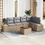 Beige-hellgraues 6-tlg. vidaXL Garten-Sofa-Set aus Rattan mit Tisch und grauen Polstern.