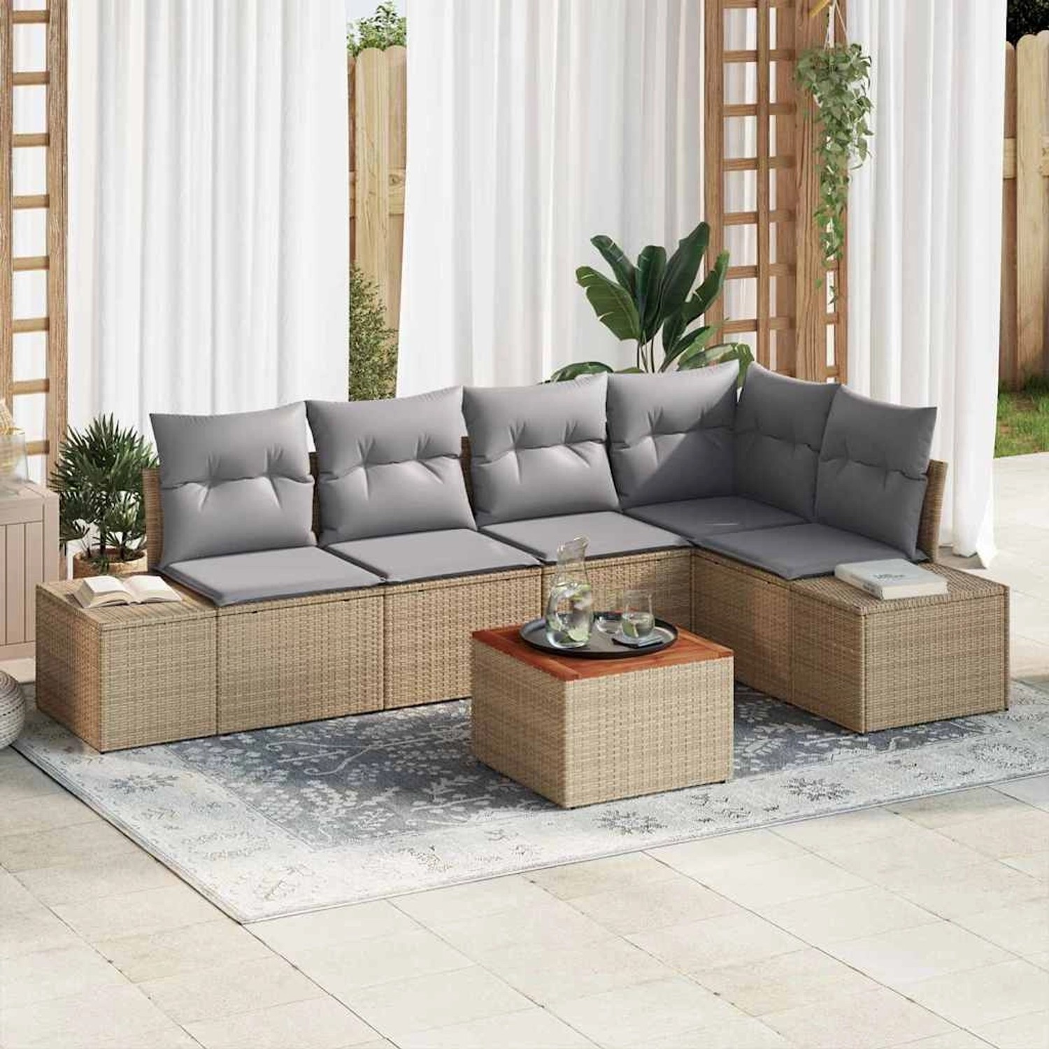 Beige-hellgraues 6-tlg. vidaXL Garten-Sofa-Set aus Rattan mit Tisch und grauen Polstern.