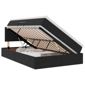 Schwarzes vidaXL Bett (120x200) mit LED und Stauraum unter hochgeklappter Matratze.