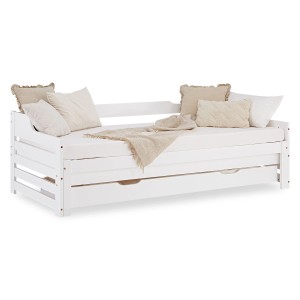 Weißes Homestyle4u Tagesbett/Ausziehbett 90x200 mit Bettkasten und Lattenrost.