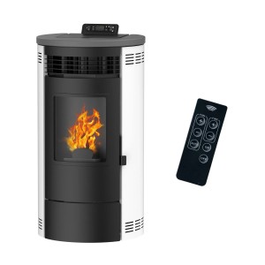 Weißer Sannover Luft-Pelletofen Flavia 9,5 kW mit Fernbedienung.