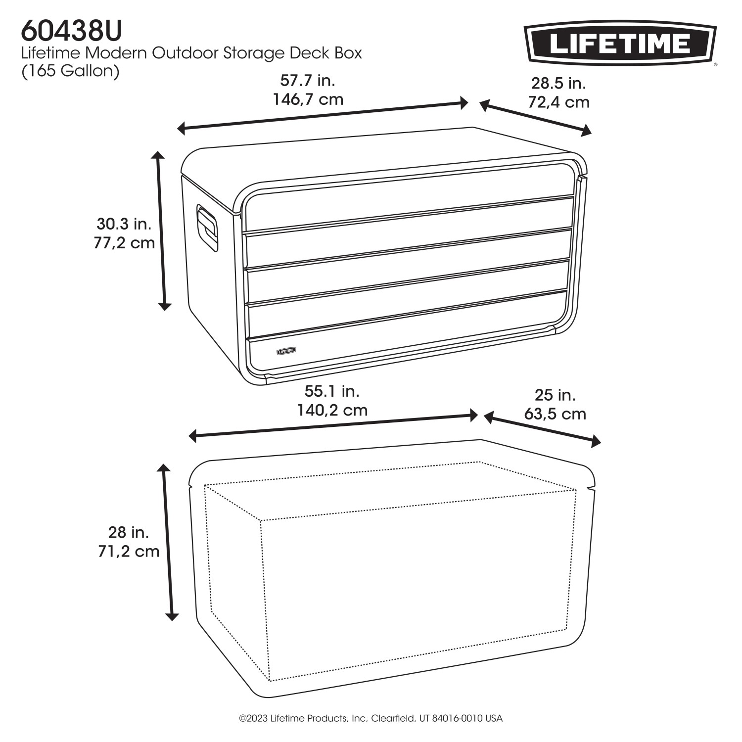 Graue Lifetime Kissenbox (625 l) mit Maßangaben, ideal zur Aufbewahrung im Garten.