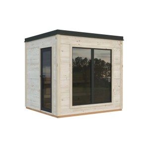 Palmako Sauna Grace, 250x230 cm, naturbelassen. Saunahaus mit Panoramafenster und Tür mit Rauchglas.