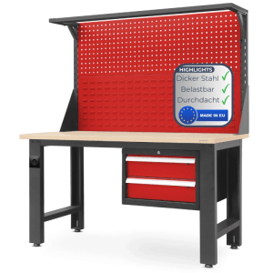 DELUKE Werkbank Werkstatt ROBI 170 x 150 x 75 cm Anthrazit-Rot Platte Braun