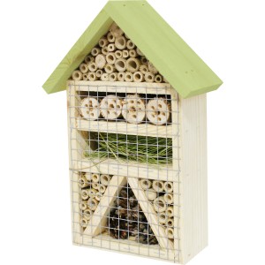Natur/grünes Insektenhotel mit 6 Kammern aus Holz, 19x9x29 cm, Nist- und Überwinterungshilfe.