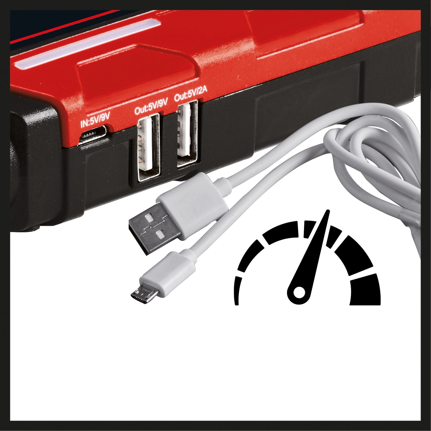 Einhell Power Bank CE-JS 8: Starthilfe mit USB-Anschlüssen und Ladekabel für Auto und mobile Geräte.