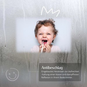 Emke Badspiegel mit Antibe-schlag-Funktion und Kind, das Zähne putzt.
