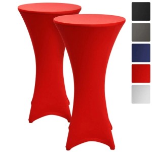 Zwei rote, elastische Beautissu Stella Stehtischhussen mit Fußverstärkungen für Ø 80 cm Tische.