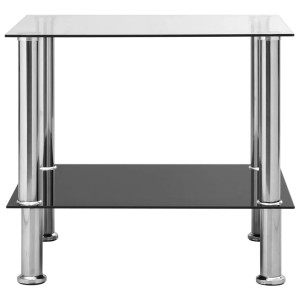 VidaXL Beistelltisch, transparentes Hartglas, 45x50x45 cm, mit Edelstahlbeinen und Ablage.