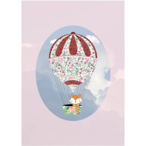 Komar Wandbild Happy Rose, 30x40 cm, mit Fuchs im floralen Heißluftballon vor Himmel.