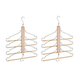 Zwei Mehrfachkleiderbügel aus Holz und Metall, platzsparend für die Kleiderschrankorganisation.