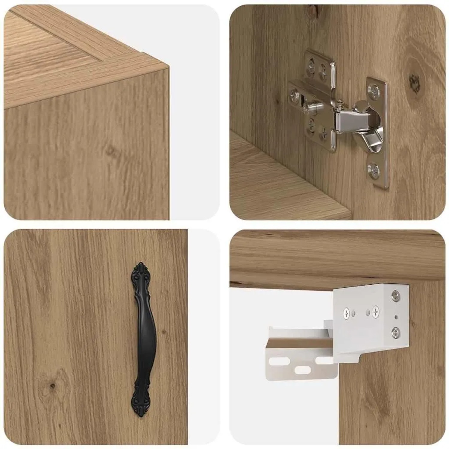 Nahaufnahmen des vidaXL Wandschranks Artisan-Eiche: Holzwerkstoff, Scharnier, schwarzer Griff, Wandhalterung. Für Wohnzimmer.