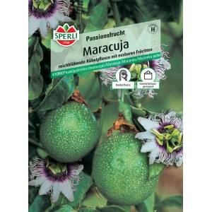 Sperli Maracuja Saatgut: Passionsfrucht mit grünen Früchten und Blüte, geeignet für Gewächshäuser.