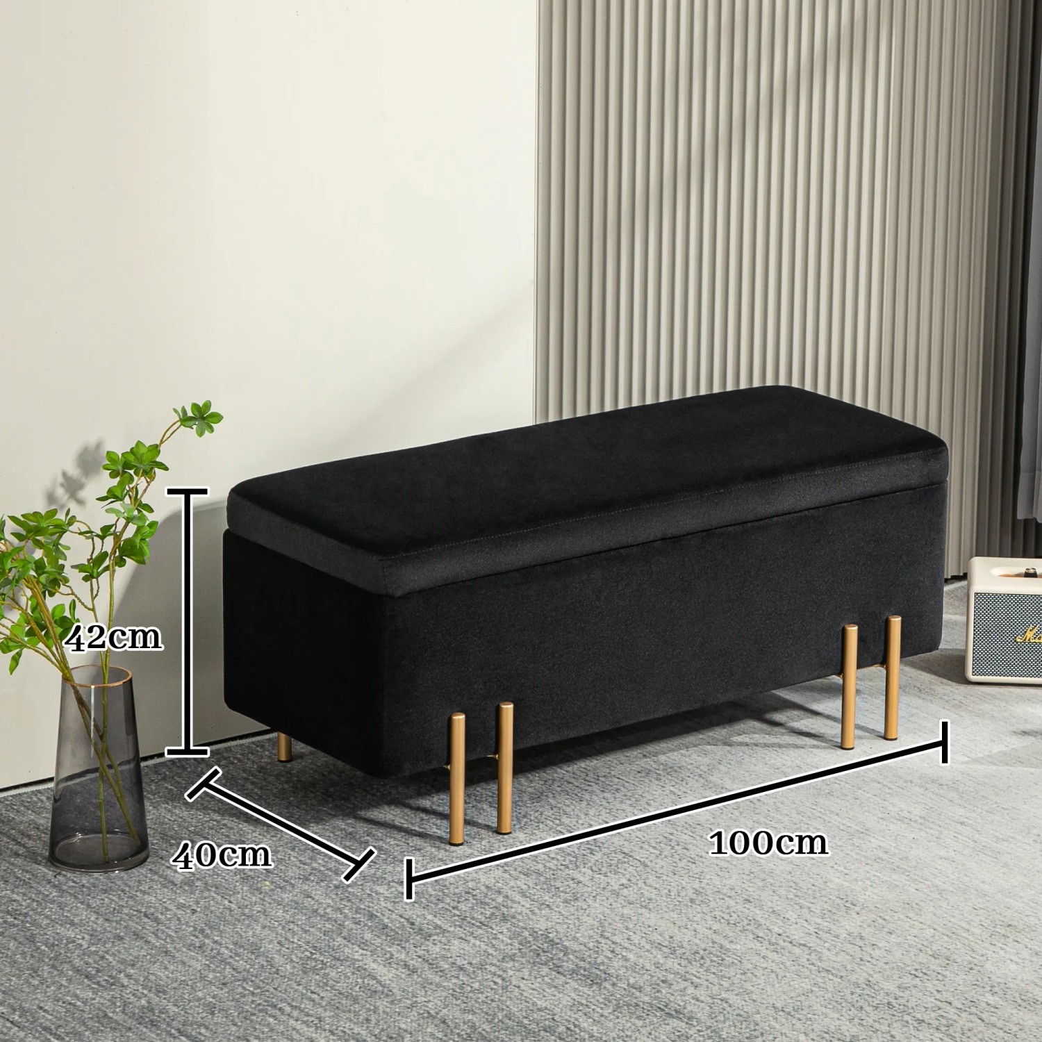 Schwarze HOMCOM Sitzbank mit Stauraum aus Samt und Holz, 100x40x42 cm.