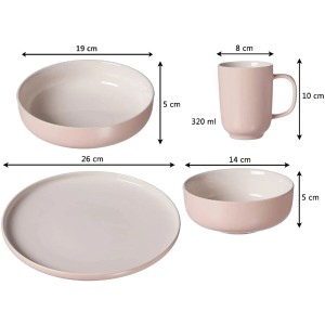 Ritzenhoff & Breker Jasper Kombiservice, 16-teilig, rosa: Teller, Schalen und Becher in Rosa mit Maßangaben.