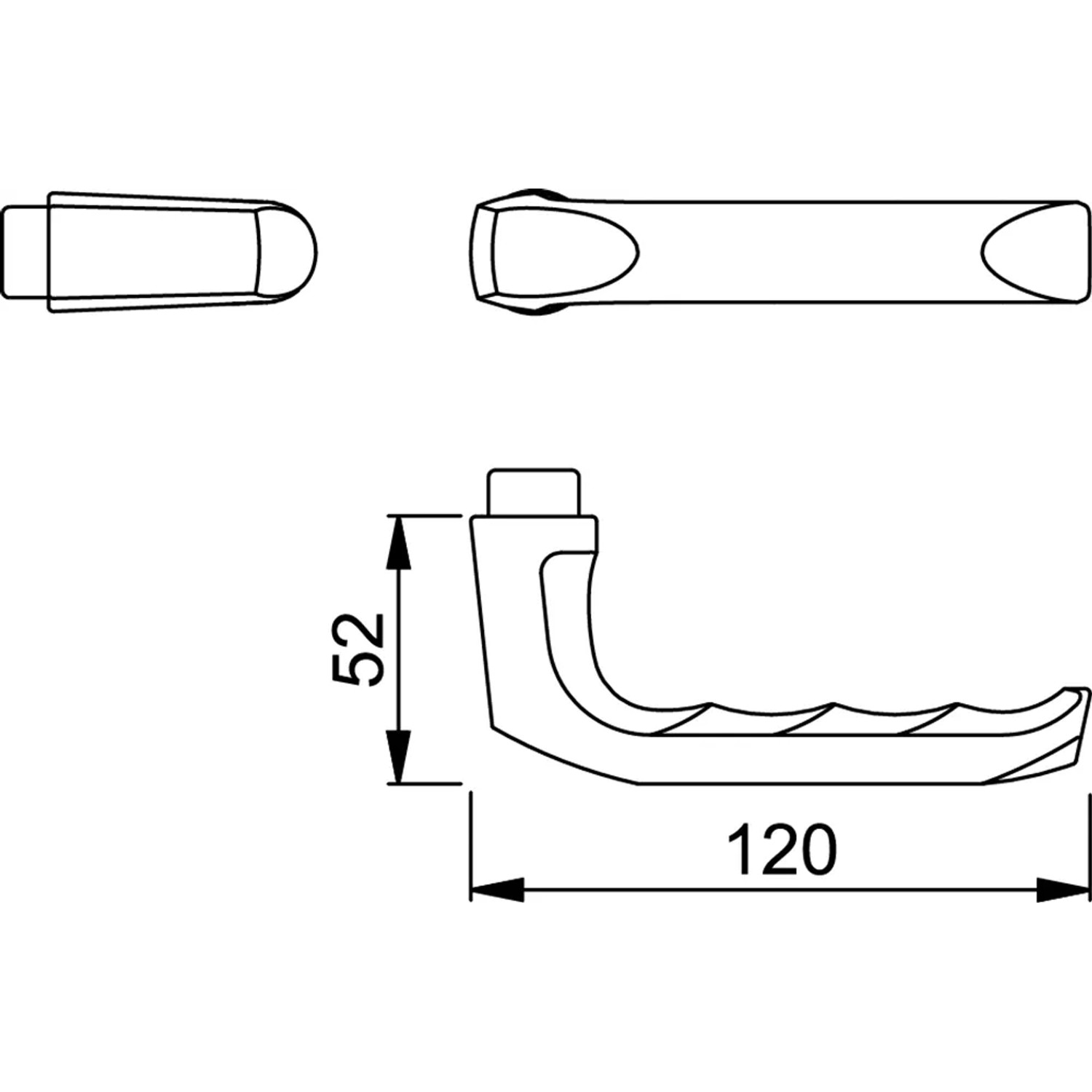 Technische Zeichnung: Hoppe Türgriff London Alu Natur, Maße 52x120 mm, für Innentüren.