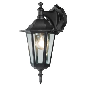 Schwarze Außenwandleuchte Molinella im klassischen Design mit klaren Glasscheiben.