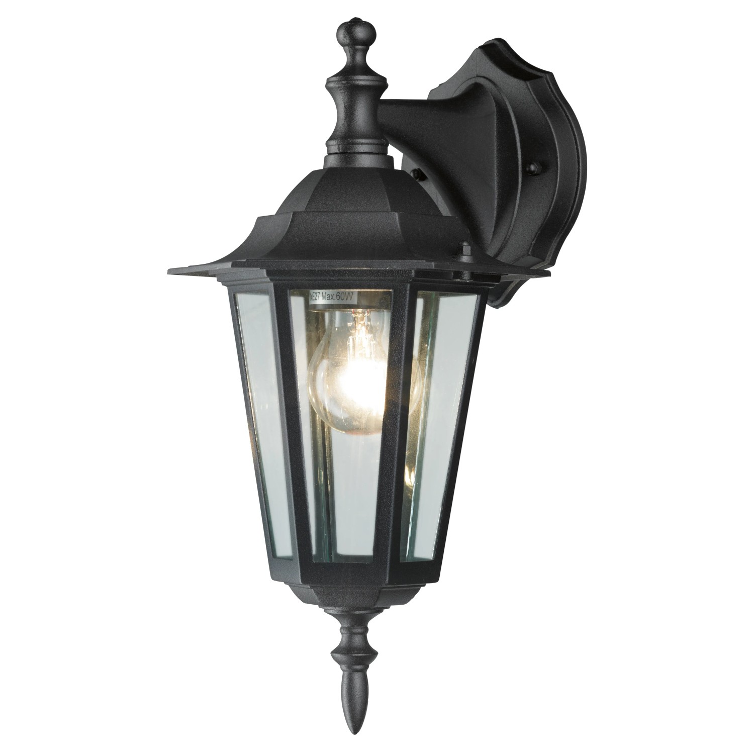 Schwarze Außenwandleuchte Molinella im klassischen Design mit klaren Glasscheiben.