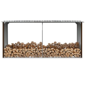 Braunes VidaXL Brennholzlager aus verzinktem Stahl, gefüllt mit Holzscheiten.