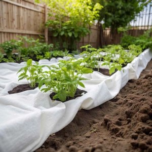 Weißes Geotextil-Vlies im Gartenbeet mit jungen Pflanzen. Ideal als Gartenhilfsmittel zur Unkrautbekämpfung.