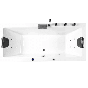 Basera® Indoor Whirlpool Naxos Basic 160x75, Aufsicht. Rechteckige, weiße Badewanne mit Armaturen und Kopfstützen.