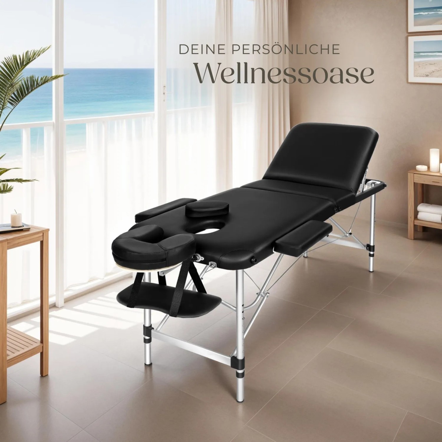 Schwarze Tectake 3 Zonen Massageliege mit Zubehör und Tragetasche, ideal für Wellness und Entspannung.