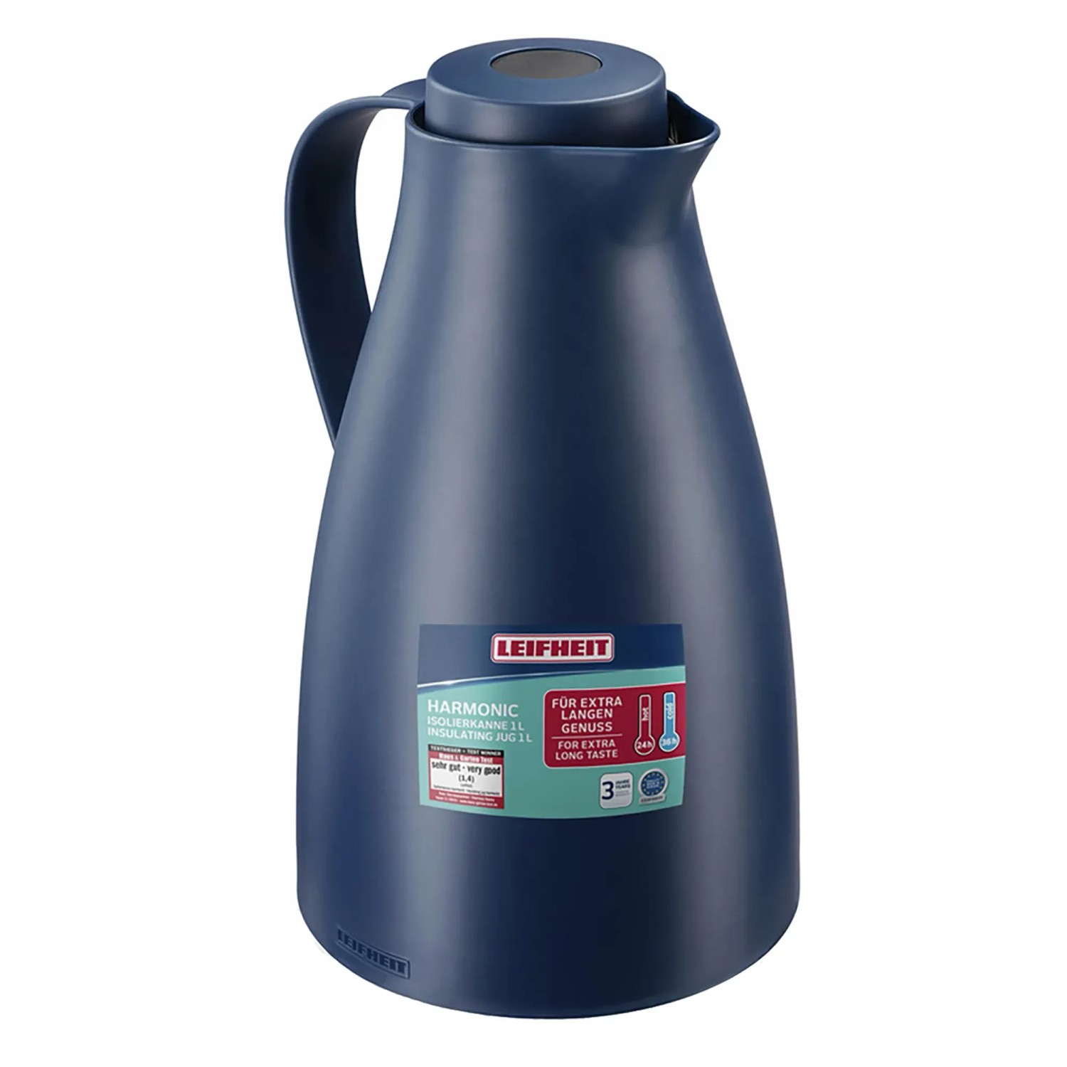 Dunkelblaue Isolierkanne Harmonic von Leifheit, 1 Liter Fassungsvermögen.