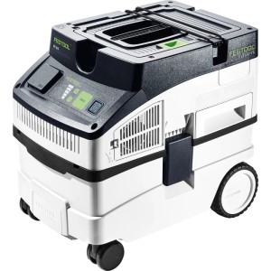 Festool CT 15 Nass-Trockensauger in Weiß-Schwarz mit grünen Akzenten auf Rollen. Ideal für Werkstatt & Baustelle.
