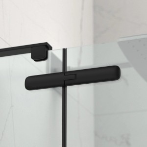 Schwarzes Scharnier an Klarglas-Duschkabine. 8mm Sicherheitsglas, schwarzes Profil für moderne Eckdusche.
