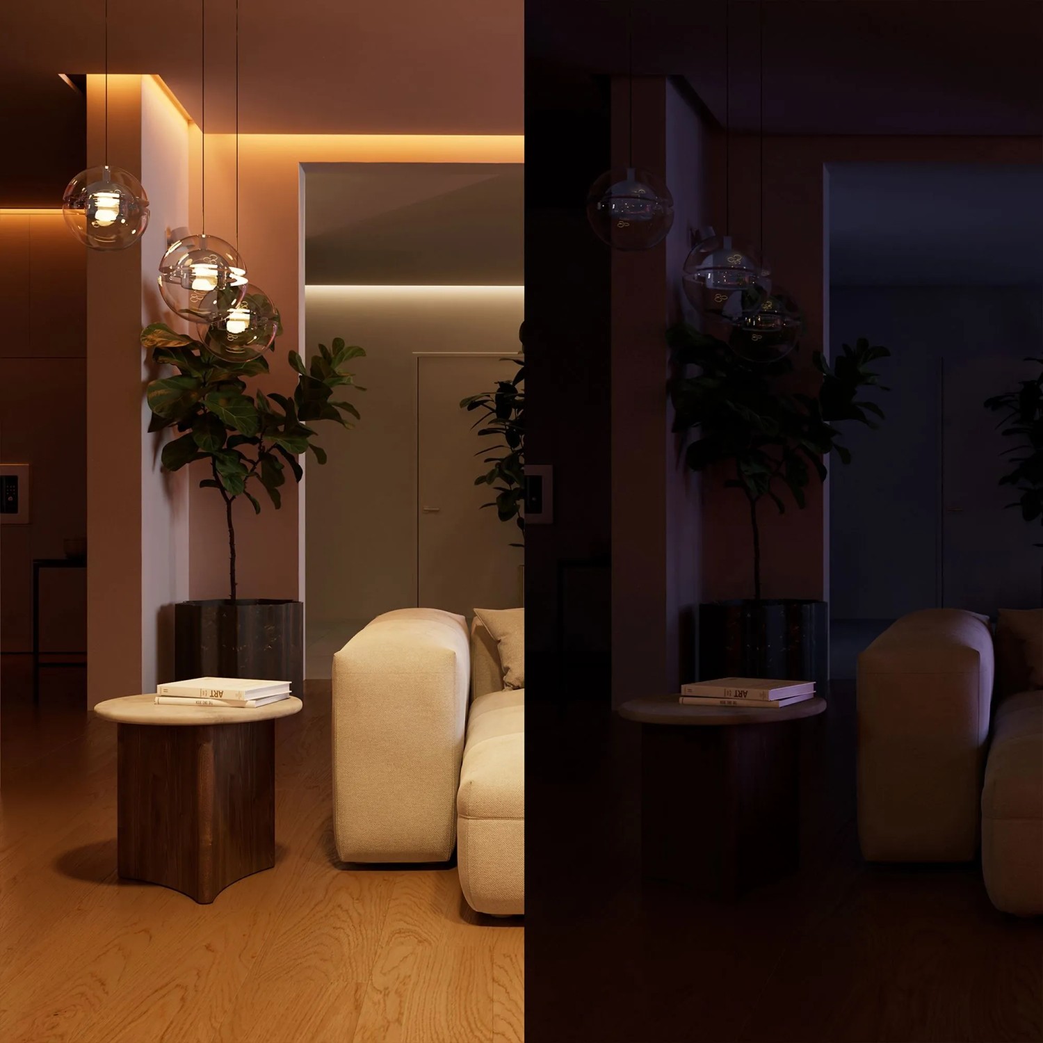 Philips Hue Wandschaltermodul: Wohnzimmer hell erleuchtet und dunkel. Smarte Leuchten Steuerung.