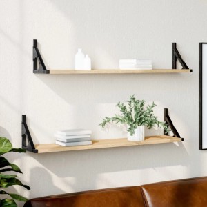 Zwei schwebende Wandregale in Sonoma-Eiche mit schwarzen Metallhalterungen. Ideal für Bücher und Dekoration im Wohnzimmer.