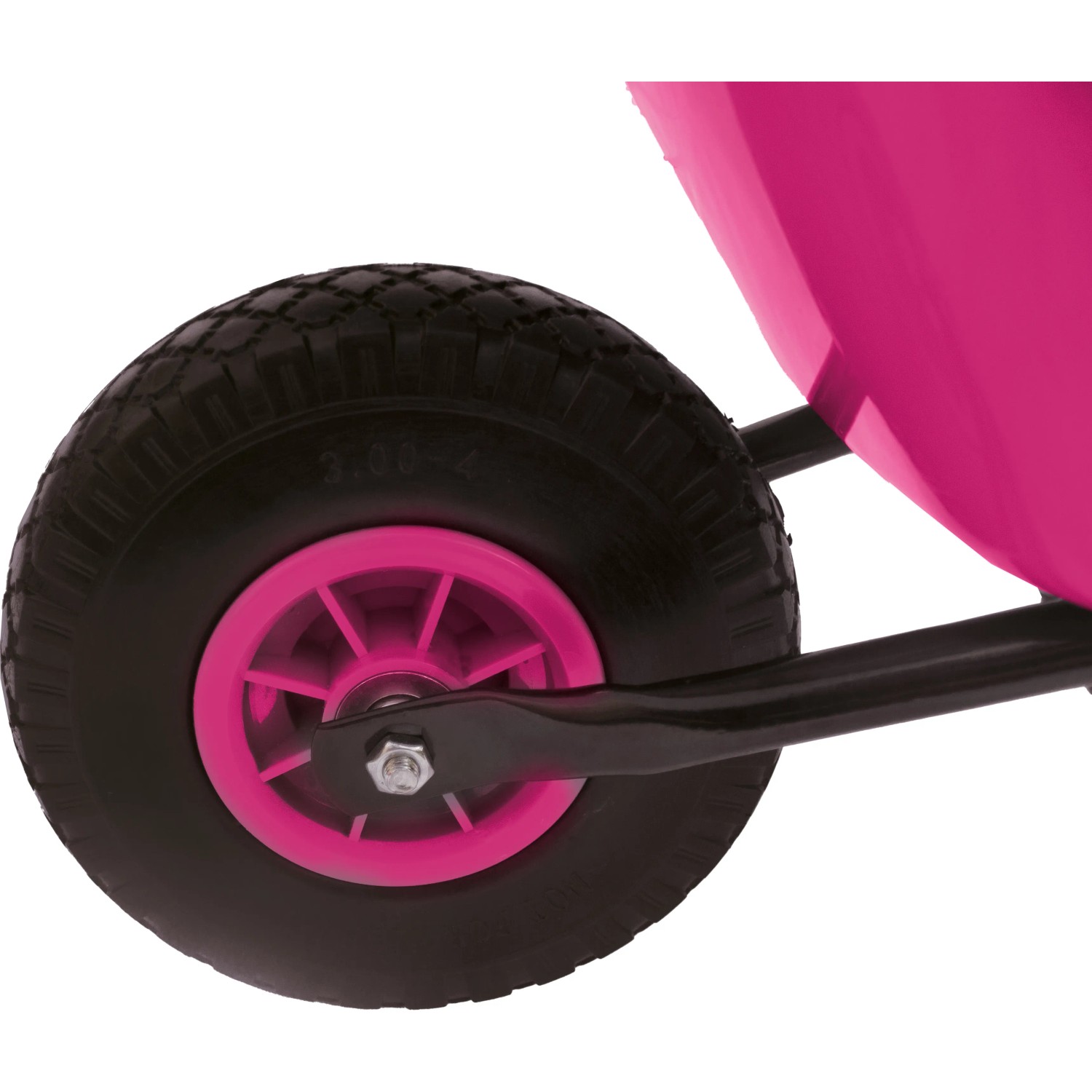 Detailaufnahme: Rad der pinken Pro-Bau-Tec Kinderschubkarre, pannensicher.