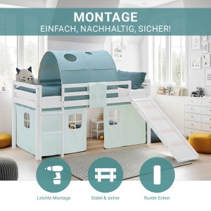 Weißes Kinder Hochbett 90x200 mit Rutsche, mintgrünem Vorhang & Tunnel. Kiefernholz Abenteuerbett.