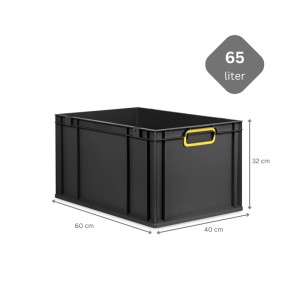 Schwarze PROREGAL Eurobox 65L mit gelben Griffen und Deckel, geeignet zur Aufbewahrung und Transport.