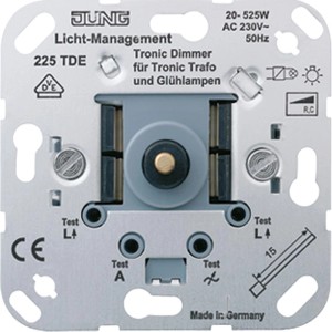 Jung Tronic-Drehdimmer mit Druck-Wechselschalter, Aufsicht. Dimmer für Tronic Trafo und Glühlampen.
