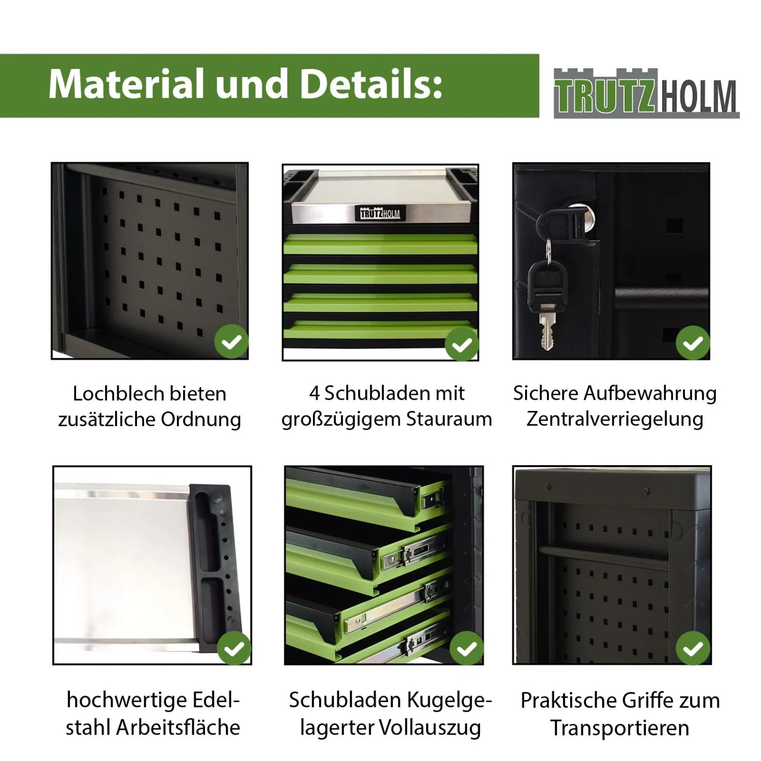 TRUTZHOLM Werkzeugkiste grün mit 4 Schubladen, Details zu Lochblech, Schubladen, Arbeitsfläche und Griffen.