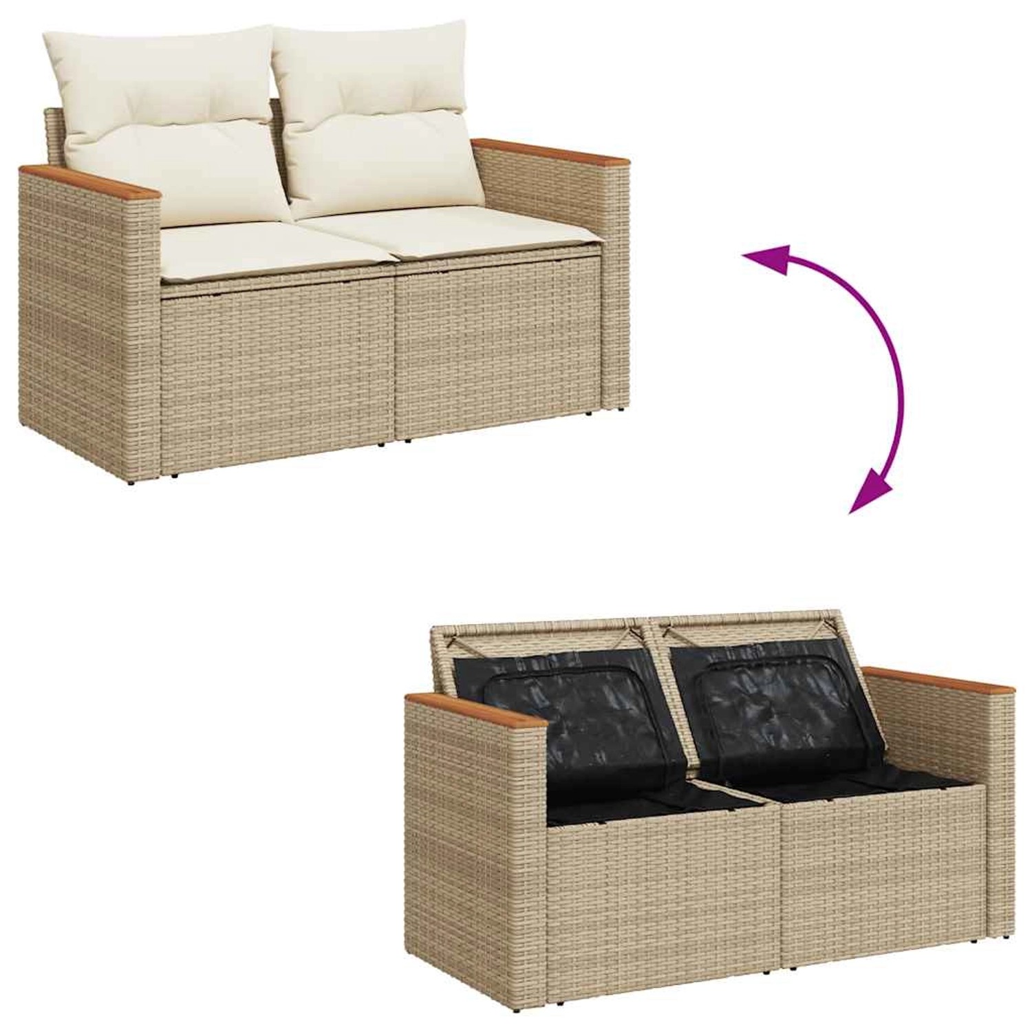 5-tlg. Garten-Sofagarnitur aus Rattan in Beige mit Kissen und Stauraum unter den Sitzen.