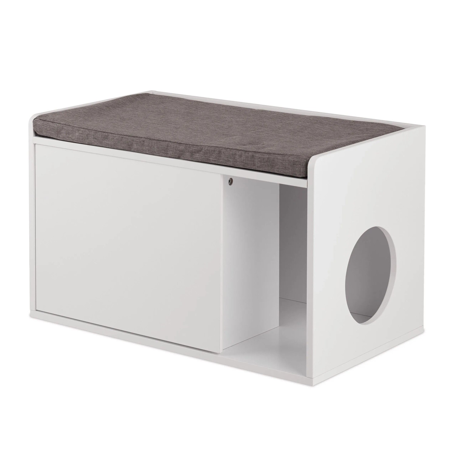 Relaxdays Katzenschrank MDF Weiß Grau mit Sitzauflage 45,5 cm x 75 cm x 43 cm 17,3 kg