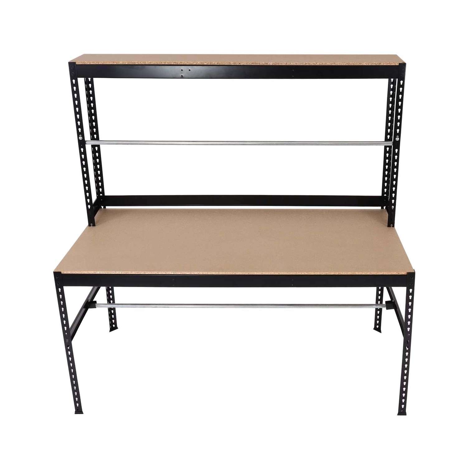 Schwarze MCW Packstation J84 aus Stahl, 183x183x90cm, mit Ablageflächen und Rollenhaltern.