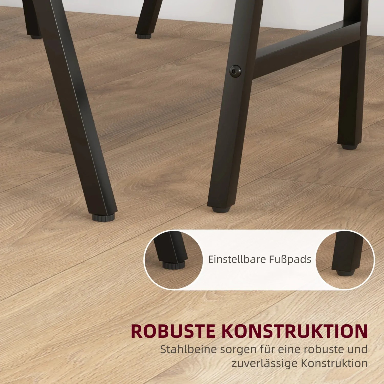 Detailaufnahme: Schwarze Stahlbeine mit verstellbaren Füßen des HOMCOM Bartisch-Sets.
