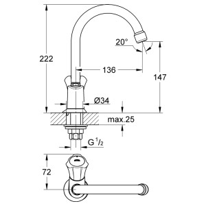 Technische Zeichnung: Grohe Costa Kaltwasser-Standventil mit schwenkbarem Auslauf und Maßen.