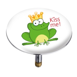 Wenko Badewannenstöpsel Froggy mit Frosch und Krone auf weißem Grund.