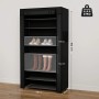 Schwarzer Stoffschrank mit 9 Ebenen aus Vliesstoff, 85x162x28 cm, für platzsparende Schuhaufbewahrung.