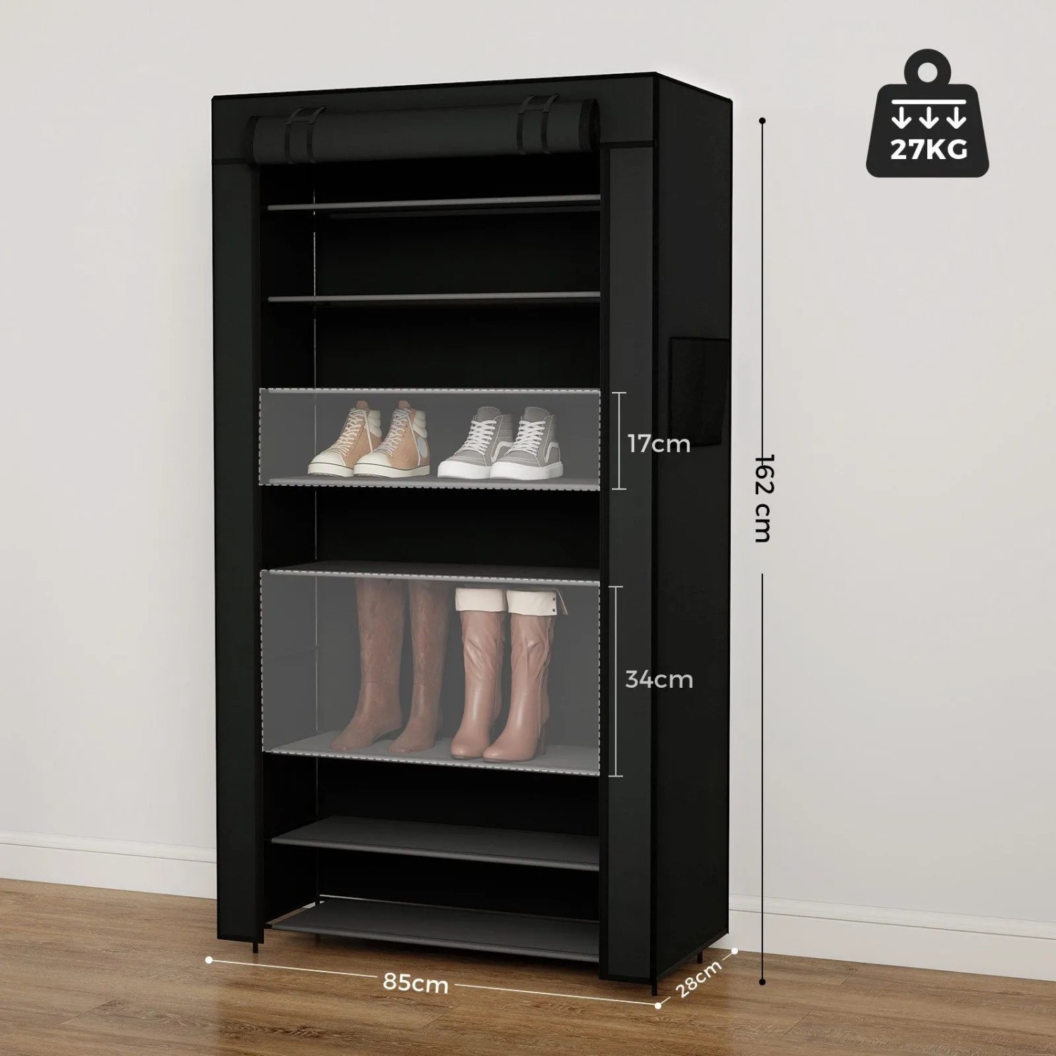 Schwarzer Stoffschrank mit 9 Ebenen aus Vliesstoff, 85x162x28 cm, für platzsparende Schuhaufbewahrung.