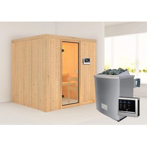 Woodfeeling Sauna Tromsö mit Ofen und Glastür, Massivholz, inkl. Steuerung.
