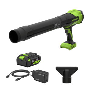 Greenworks Akku-Laubbläser-Set: schwarz-grüner Bläser, 24V Akku, 65W Ladegerät, Düse.