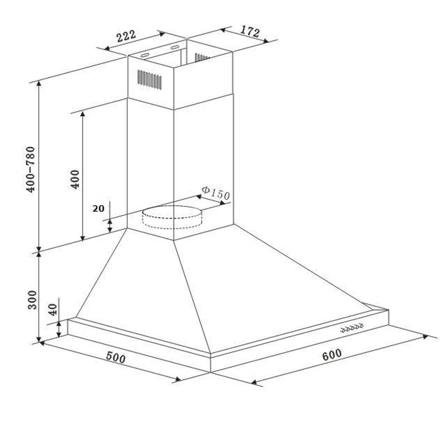 Skizze Dunstabzugshaube mit Maßen für Einbauküche, Details zu Breite, Höhe und Tiefe.