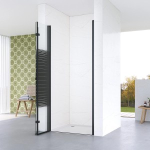 Aquabatos Dusch-Falttür mit schwarzen Profilen und Streifen. Platzsparende Drehtür aus Glas für moderne Duschen.