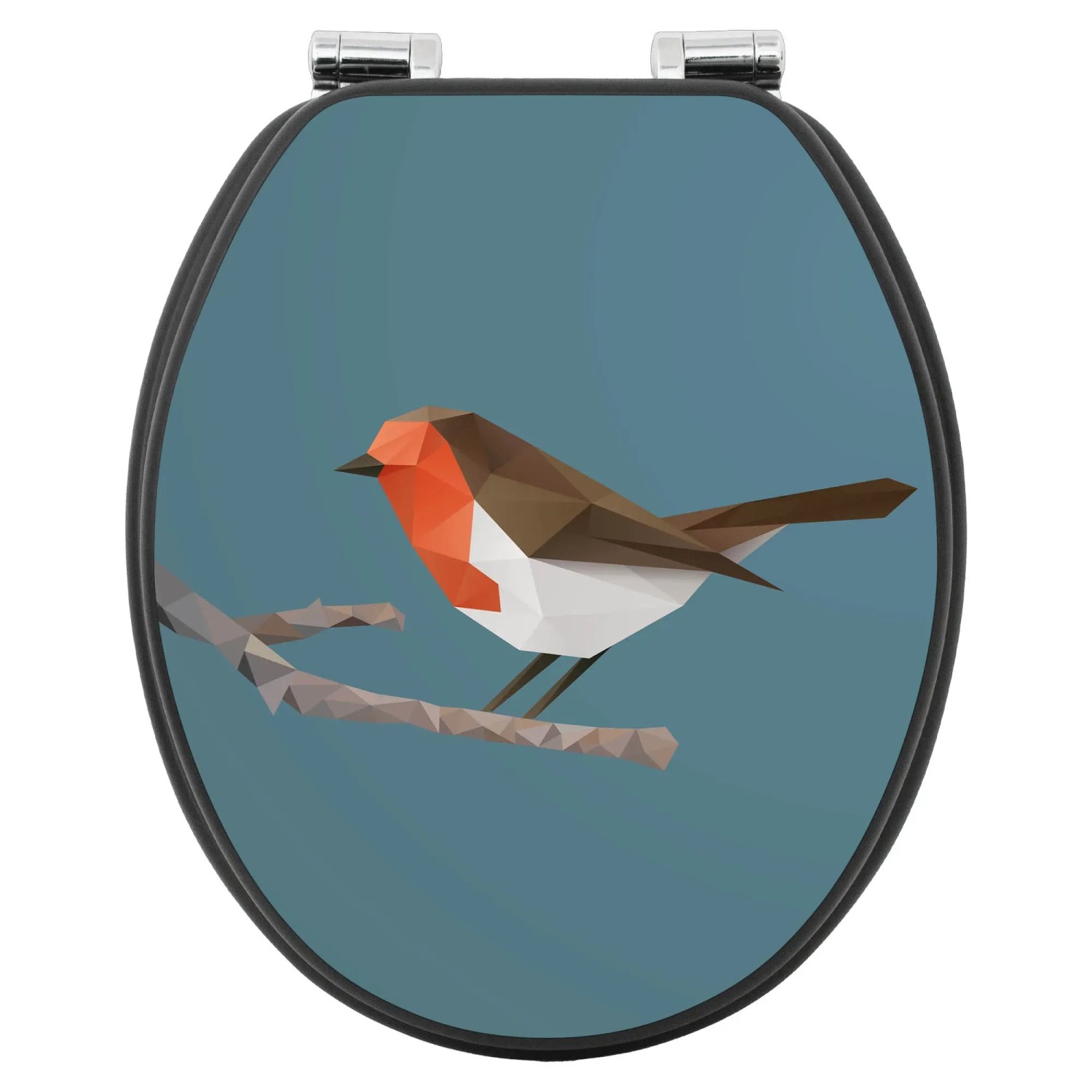 Anthrazit WC-Sitz mit Absenkautomatik und abstraktem Vogel Motiv für ein modernes Bad.